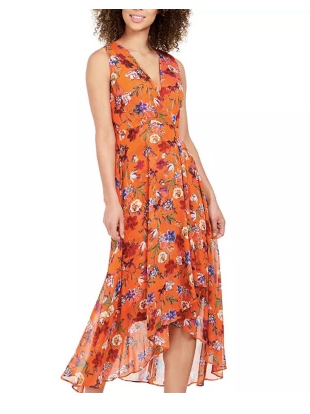 Calvin Klein Orange Floral Chiffon Faux Wrap V Neck High Low Hem Maxi Dress